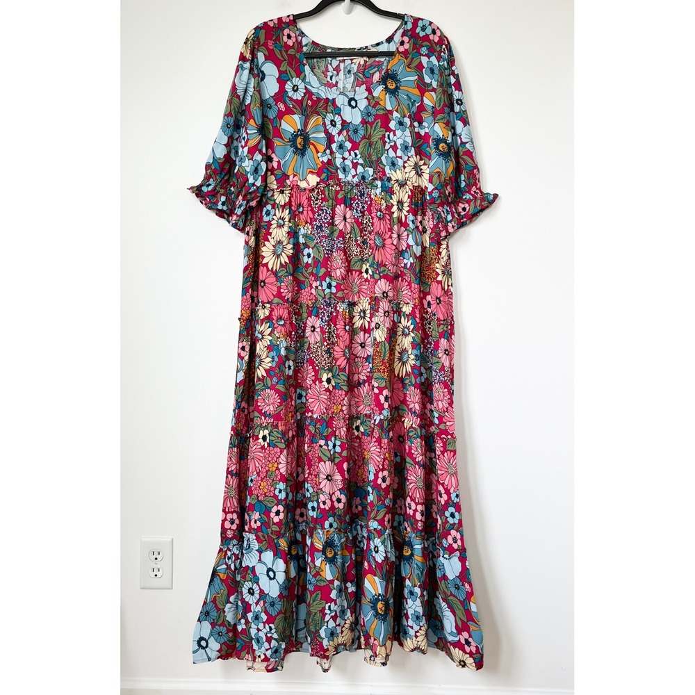 NEW Natural Life Collette Tiered Floral Maxi Dress Ruffle Womens XL Pink Blue - Picture 4 of 14